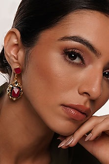 Gold Plated Pink Jade & Mirror Dangler Earrings