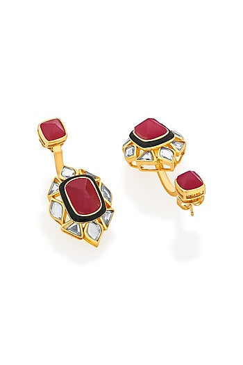 Gold Plated Pink Jade & Mirror Dangler Earrings