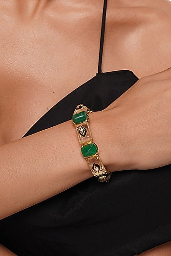 Gold Finish Green Jade & Mirror Bangle
