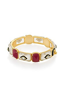 Gold Finish Pink Jade & Mirror Bangle
