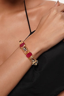 Gold Finish Pink Jade & Mirror Bangle