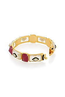 Gold Finish Pink Jade & Mirror Bangle