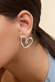 White Rhodium Finish CZ Heart Stud Earrings