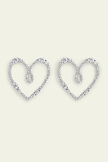 White Rhodium Finish CZ Heart Stud Earrings