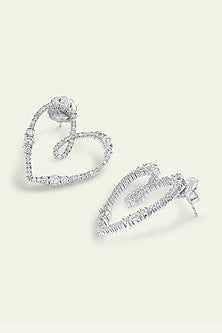 White Rhodium Finish CZ Heart Stud Earrings