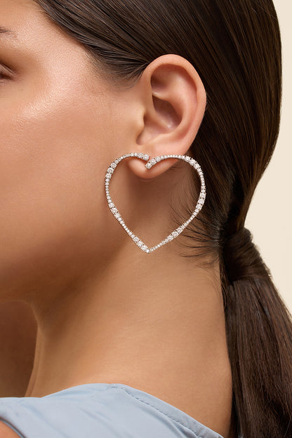 White Rhodium Finish CZ Heart Stud Earrings