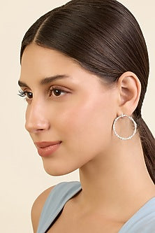 White Rhodium Finish CZ Heart Hoop Earrings