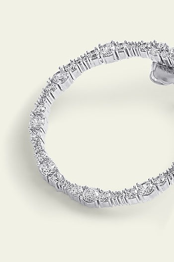 White Rhodium Finish CZ Heart Hoop Earrings