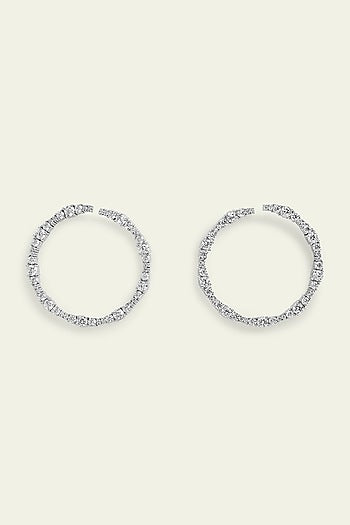 White Rhodium Finish CZ Heart Hoop Earrings
