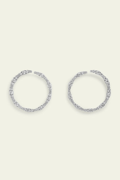 White Rhodium Finish CZ Heart Hoop Earrings