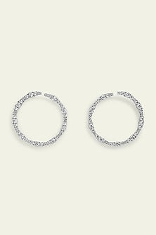White Rhodium Finish CZ Heart Hoop Earrings