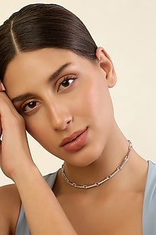 White Rhodium Finish CZ Link Choker Necklace
