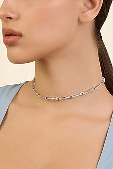 White Rhodium Finish CZ Link Choker Necklace