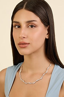 White Rhodium Finish CZ Wave Choker Necklace