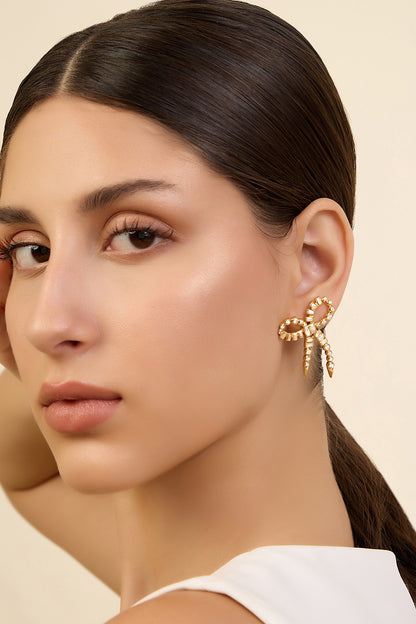 Gold Plated CZ Bow Spiked Stud Earrings