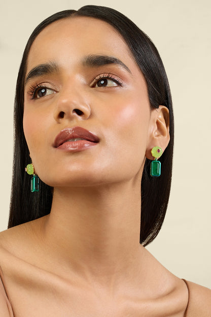 Gold Plated Green Doublet Stone & Crystal Dangler Earrings
