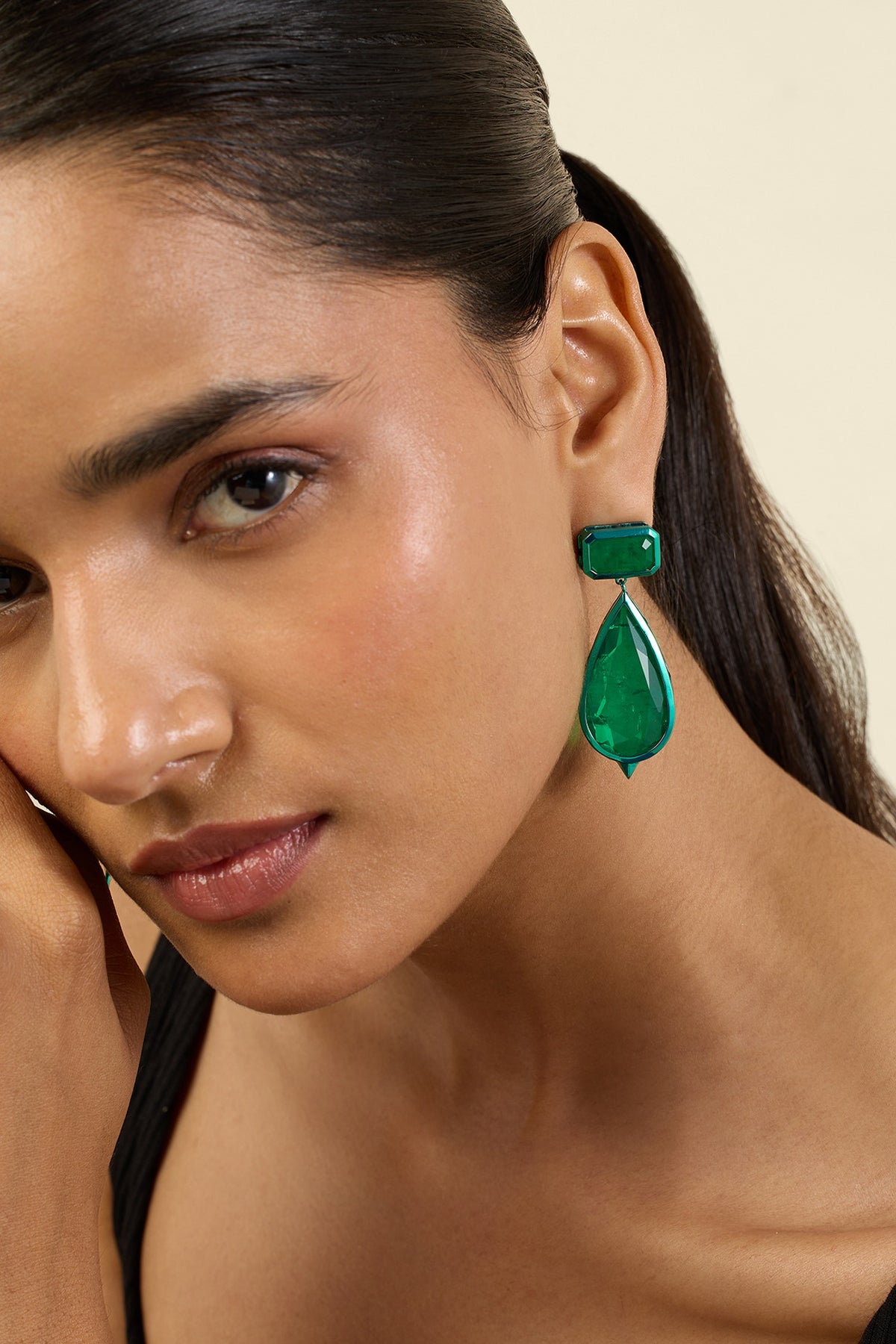 Gold Plated Green Doublet Stone Dangler Earrings