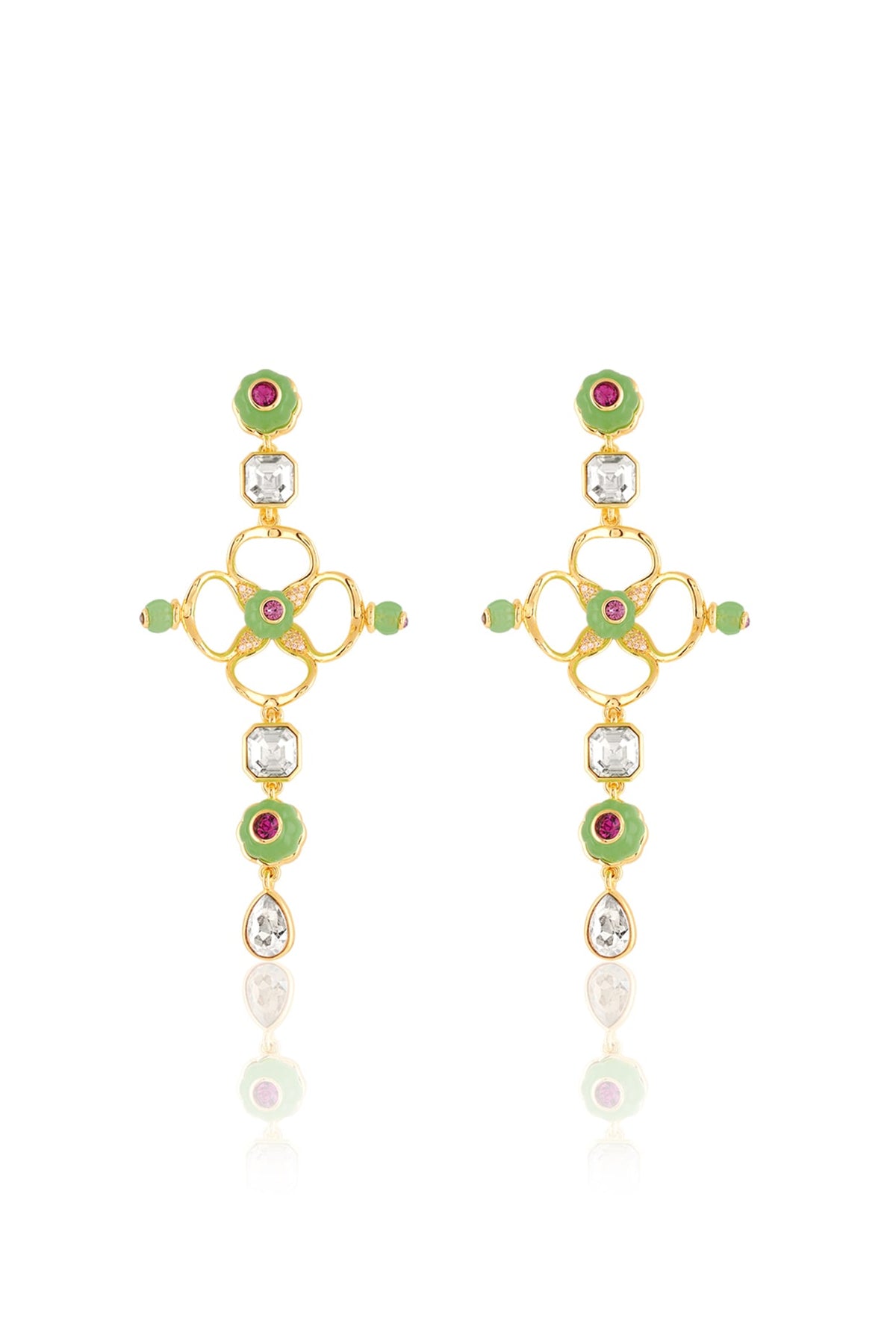 Gold Plated Green Crystal & Zircon Dangler Earrings
