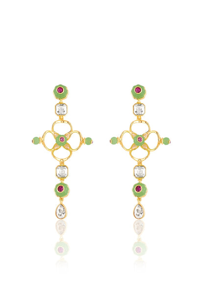 Gold Plated Green Crystal & Zircon Dangler Earrings