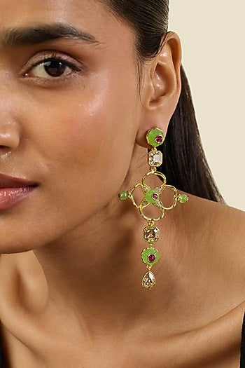 Gold Plated Green Crystal & Zircon Dangler Earrings