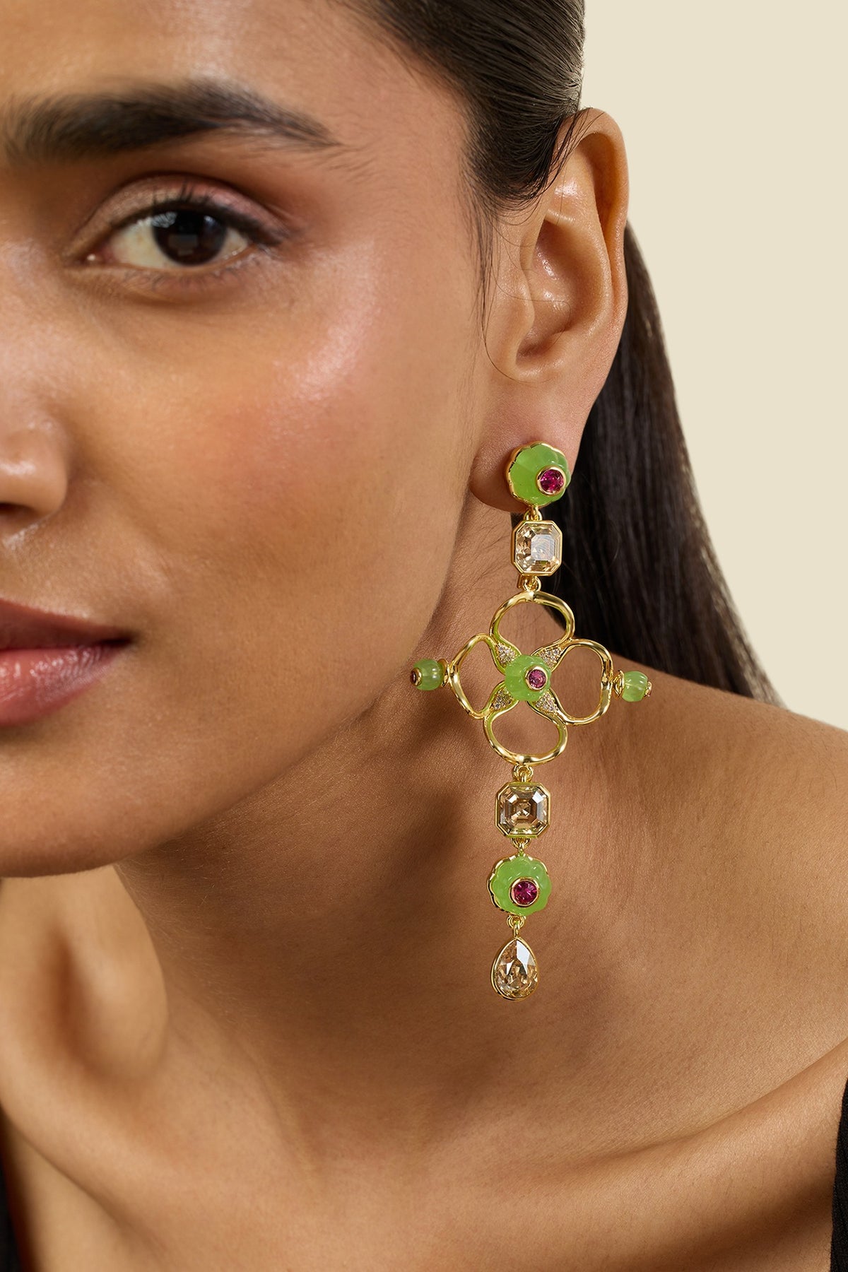 Gold Plated Green Crystal & Zircon Dangler Earrings