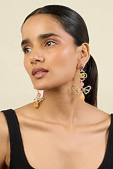 Gold Plated Pink Crystal & Zircon Dangler Earrings