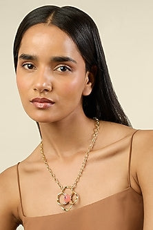 Gold Plated Crystal Zirconia & Pink Stone Pendant Necklace