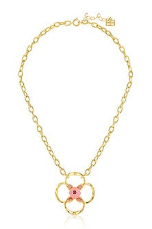 Gold Plated Crystal Zirconia & Pink Stone Pendant Necklace