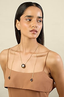 Gold Plated Crystal Zirconia & Black Stone Long Necklace