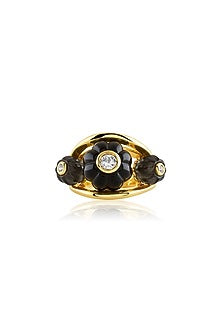 Gold Plated Crystal Zirconia & Black Stone Ring