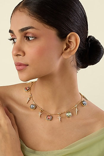 Gold Plated Multi-Colored Crystal Choker Charm Necklace
