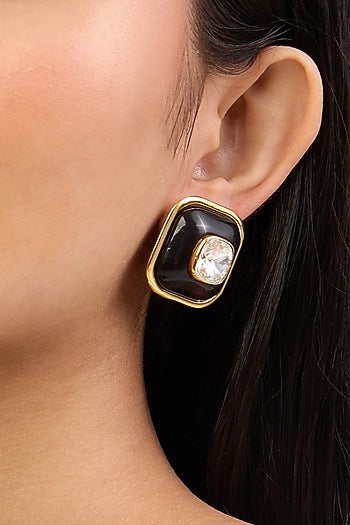 Gold Plated Black Resin Crystal Stud Earrings