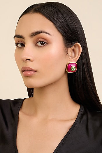 Gold Plated Pink & Green Resin Crystal Stud Earrings