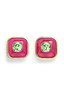 Gold Plated Pink & Green Resin Crystal Stud Earrings