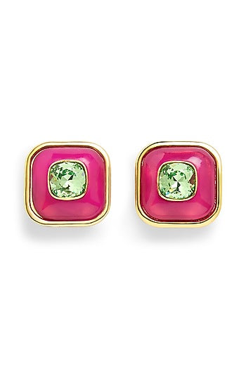 Gold Plated Pink & Green Resin Crystal Stud Earrings