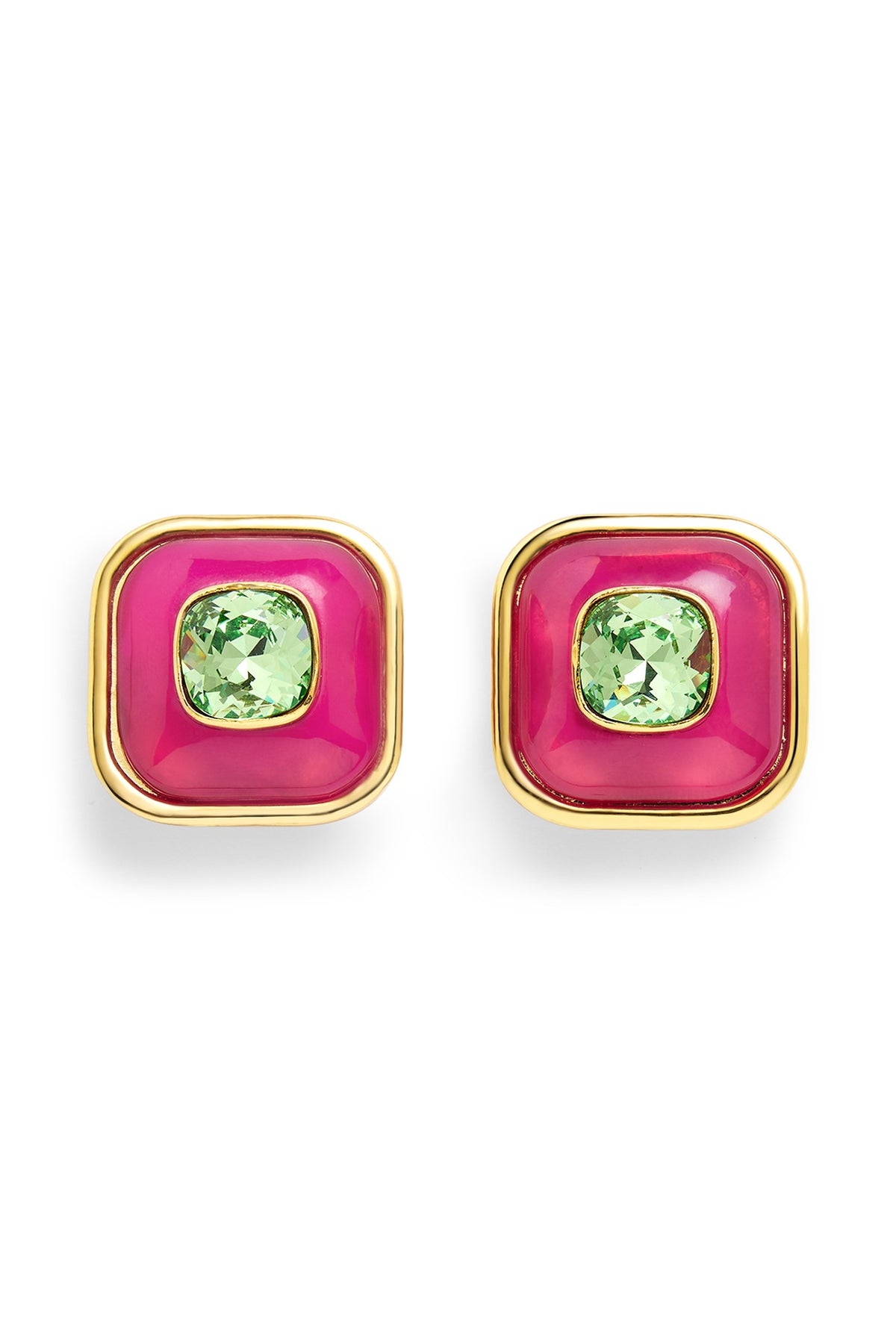 Gold Plated Pink & Green Resin Crystal Stud Earrings
