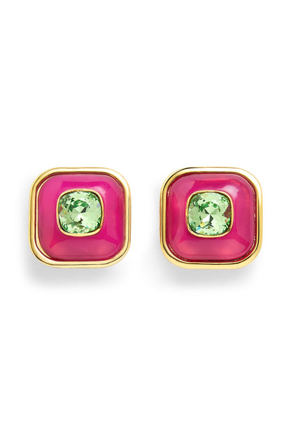 Gold Plated Pink & Green Resin Crystal Stud Earrings