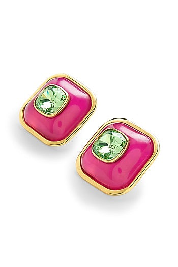 Gold Plated Pink & Green Resin Crystal Stud Earrings
