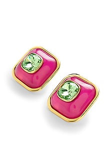 Gold Plated Pink & Green Resin Crystal Stud Earrings