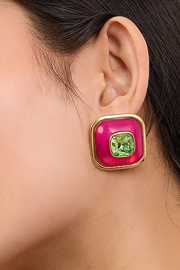 Gold Plated Pink & Green Resin Crystal Stud Earrings