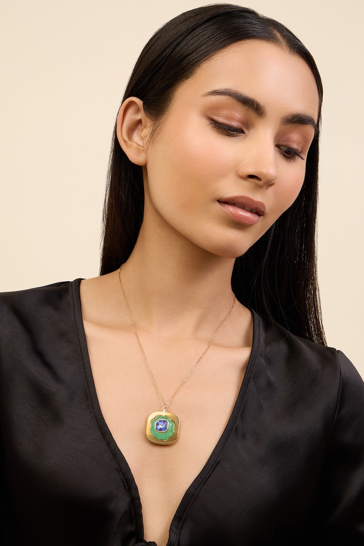 Gold Plated Aqua Synthetic Stone Pendant Necklace