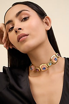 Gold Plated Multi-Colored Crystal Choker Necklace