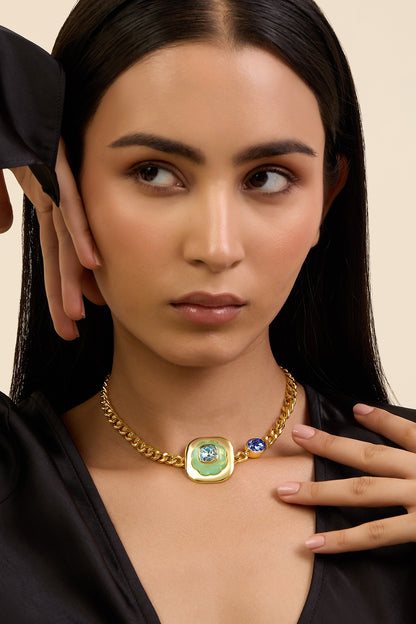 Gold Plated Blue Synthetic Stone Choker Necklace