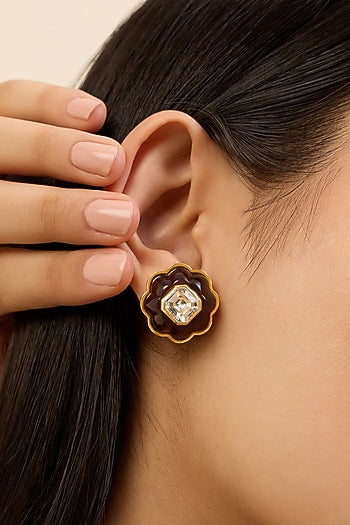 Gold Plated Black Crystal Stud Earrings