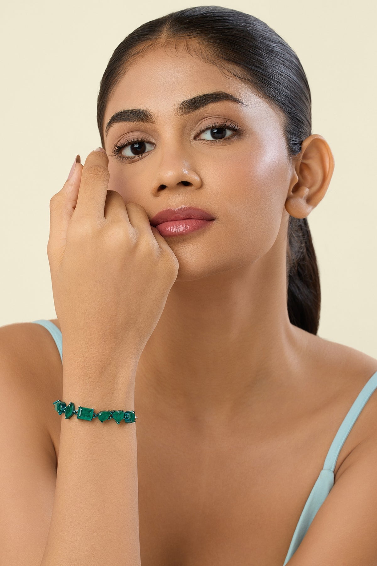 White Rhodium Finish Emerald Green Double Stone Bracelet