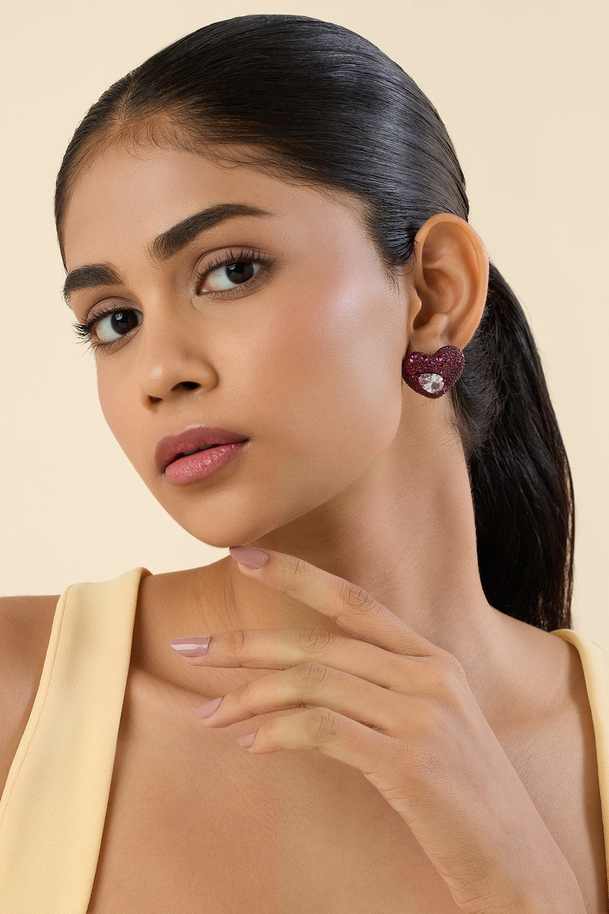 Gold Finish Red & White Stone Stud Earrings