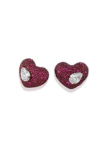 Gold Finish Red & White Stone Stud Earrings