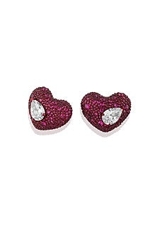 Gold Finish Red & White Stone Stud Earrings
