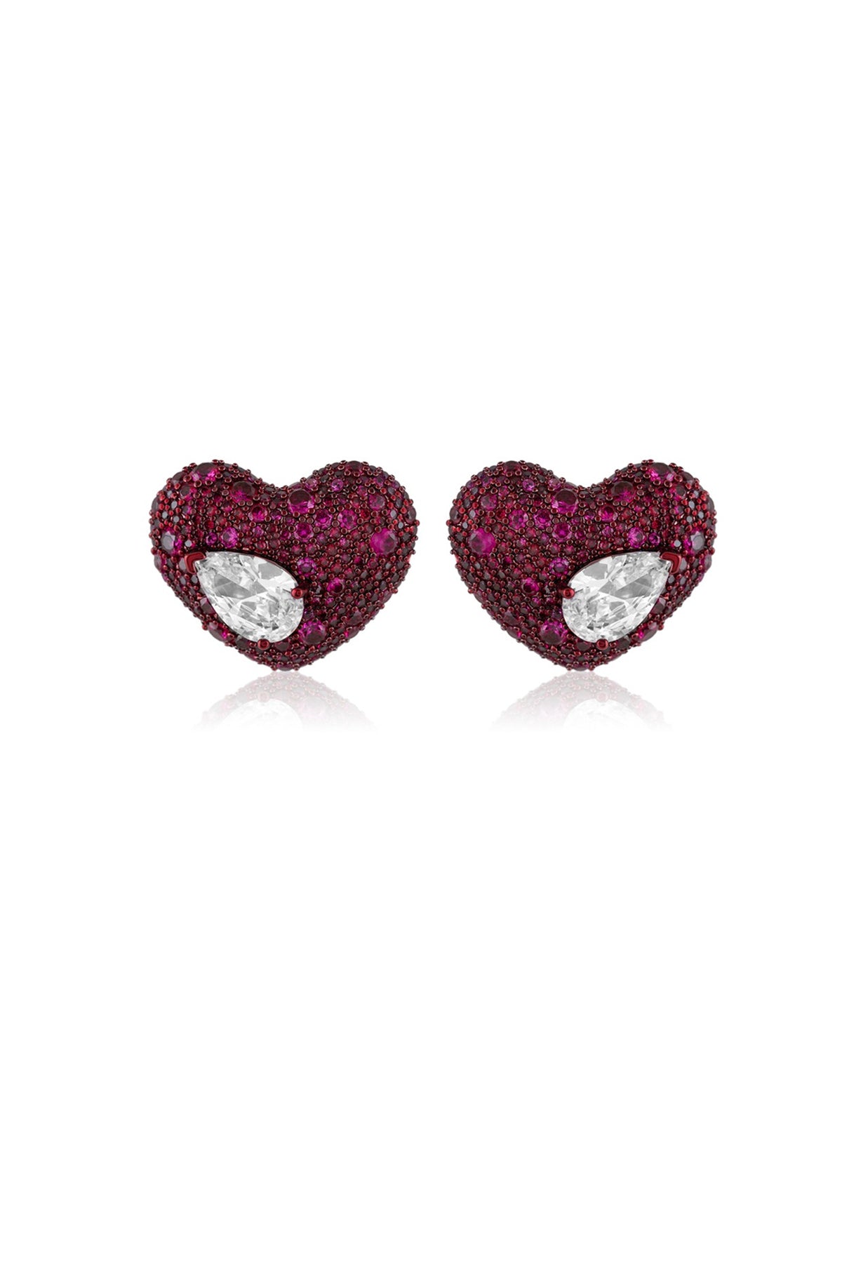 Gold Finish Red & White Stone Stud Earrings