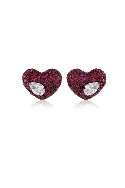 Gold Finish Red & White Stone Stud Earrings